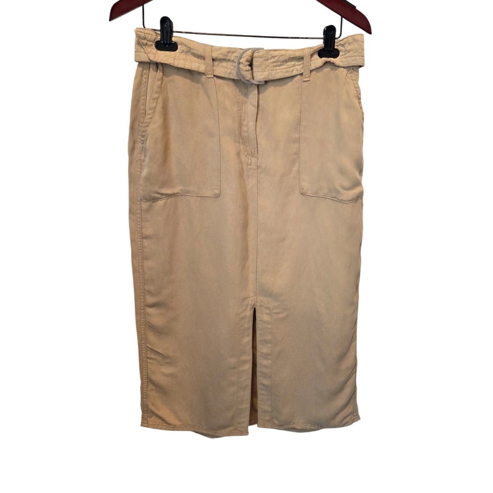 Calligraphie Belted Midi Skirt Cargo Pocket Tan Safari Utility Linen Blend M